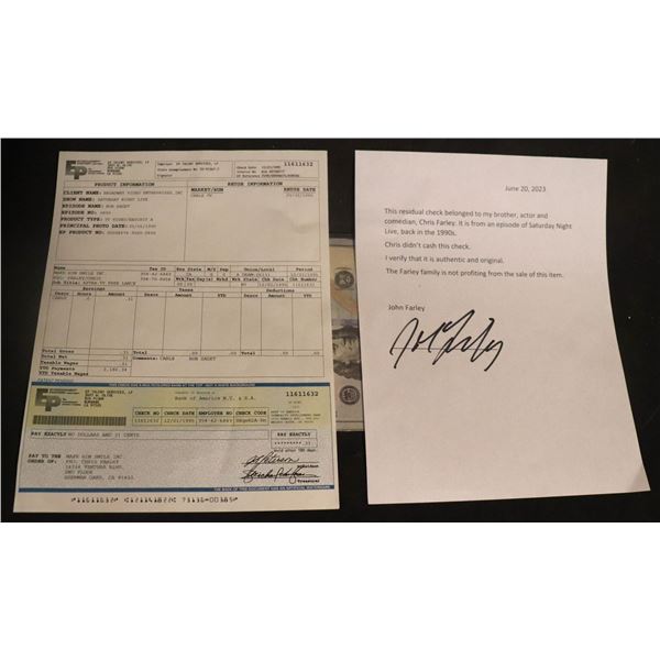 CHRIS FARLEY BOB SAGAT NIGHT LIVE SNL ROYALTY CHECK W LOA