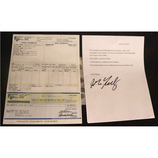 CHRIS FARLEY DANA CARVEY NIGHT LIVE SNL ROYALTY CHECK W LOA