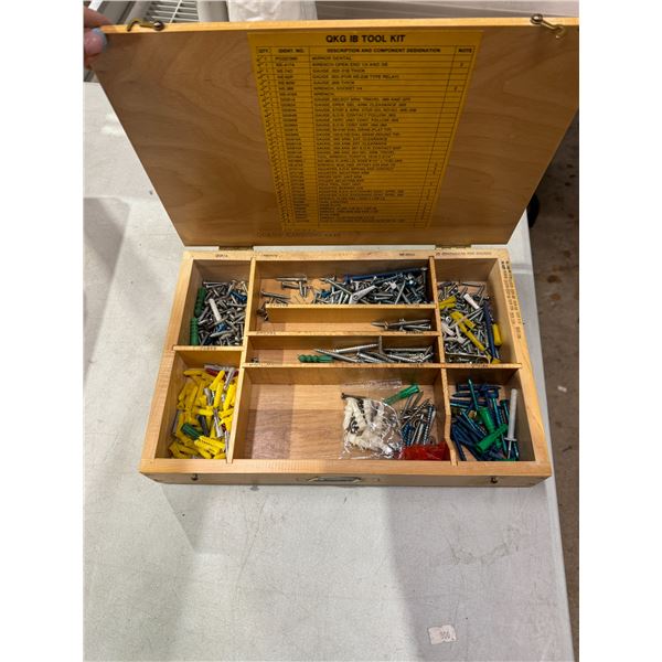 Assorted hardware in wood box