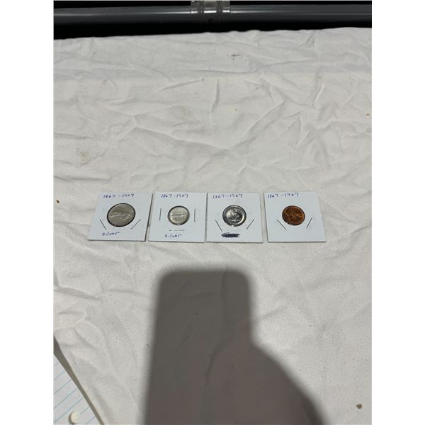 18 67–1967 silver Quarter and dime with nickel and Penny