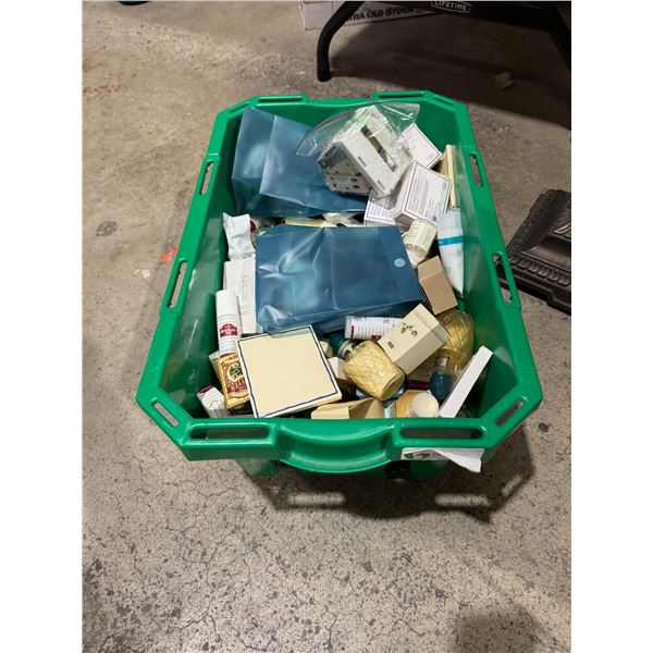 Green bin with soap and beauty products