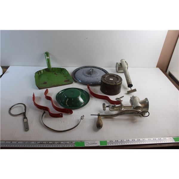 Dust Pan, Enamel Pot Lid, Jar Opener, Meat Grinder, Tobacco Tin, Vintage Bug Sprayer and Misc.
