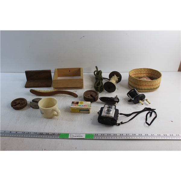Brush, Old Spice Shaving Cup, Flashcubes, Fishing Reel, Vintage Brownie Camera - As Is, Night Light 