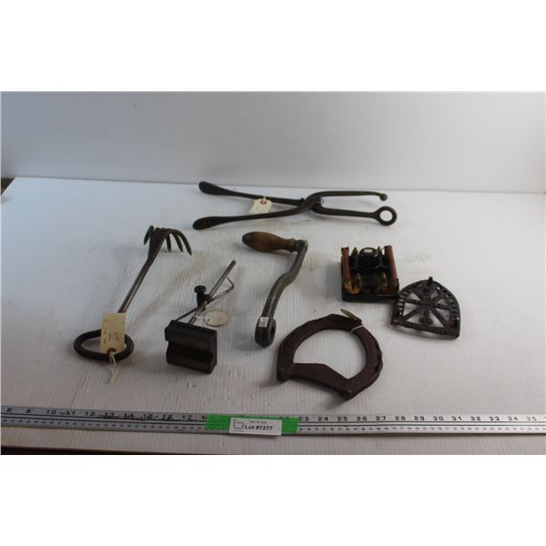 Nail Bin Rake, Shoe Stretcher, Lathe Gauge, Horse Shoe and Meat Grinder Handle