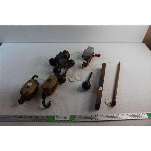 Shotgun Cleaning Rod, Pulleys, Vintage Door Knobs, Cheese Grinder and Carpenter's Level