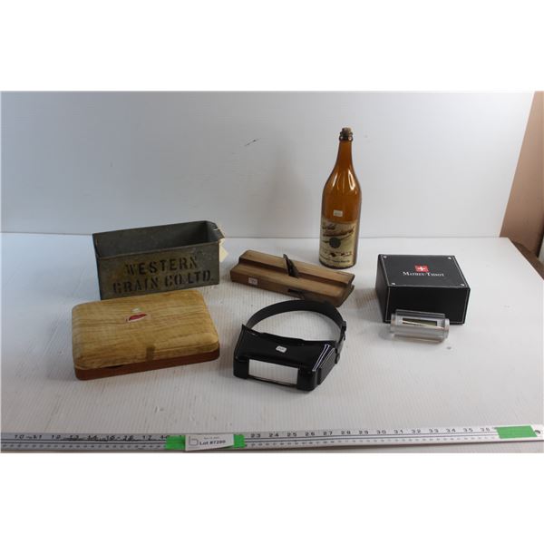 Magnifying Glasses, Moulding Plane, Mathey Tissot Clock Alarm - As Is, Grain Elevator and Vintage Gl