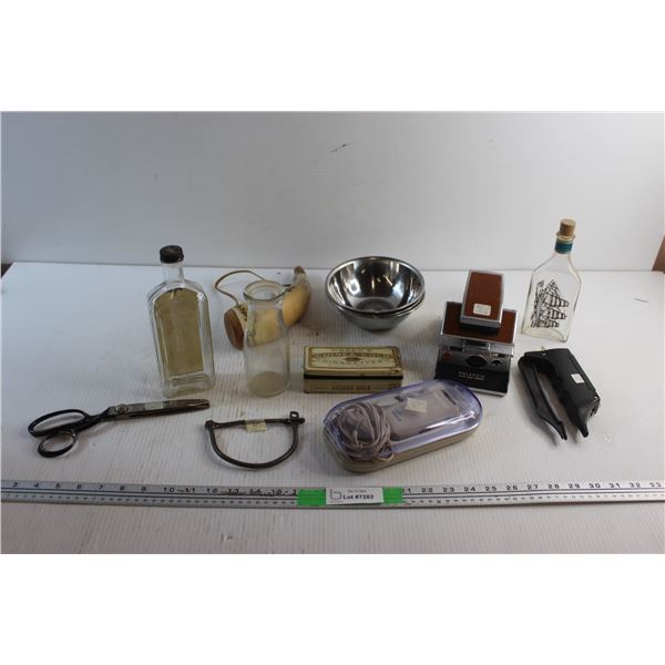 Polaroid Land Camera - As Is, Glass Bottles, Bowls, Lady Kenmore Hair Trimmer, Scissors and Misc.