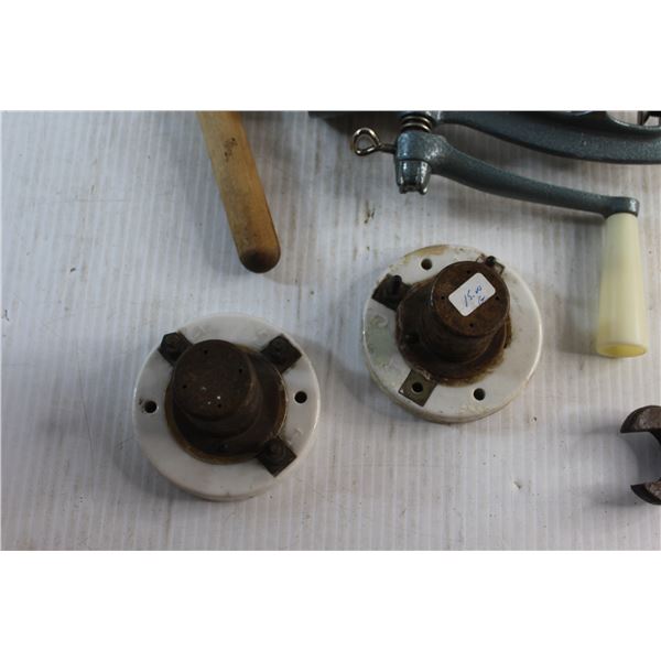 Wooden Boxes - As Is, Carpenter's Level, Egg Basket, Meat Tendering Hammer, Meat Grinder, Syringe, F