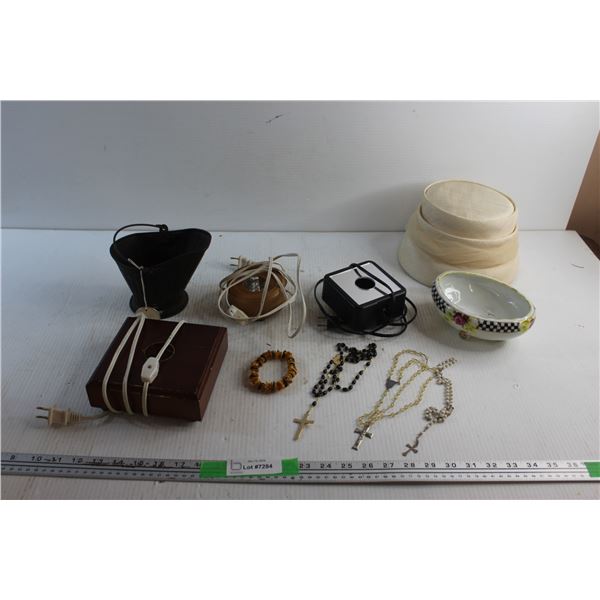 Cross Necklaces, Bracelet, Candy Dish, Salesman Sample, Ladies Hat and (3) Light Boxes