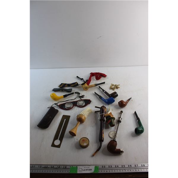 Vintage Play Pilot Goggles, Barbers Brush, Bow Ties, Tobacco Pipes, Hobby Drill and Necklace