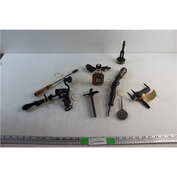 Vintage Glycerin Bottle, Soldering Iron, Angle Drill, Shotgun Shell Reloader, Leather Cutting Tool a