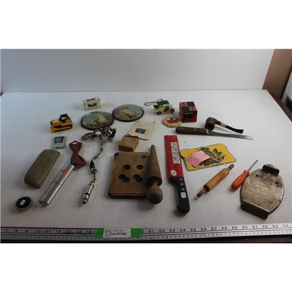 Whistle, Bow Tie, Kitchen Knives, Screwdriver, Tobacco Pipe, Bottle Opener, Toy Wood Rolling Pin and
