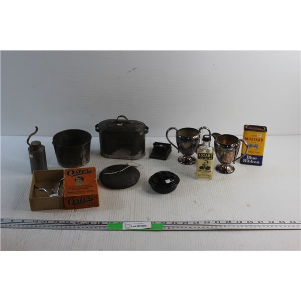 Vintage Oster Hand Clippers, Pure Mustard, Silver Cream & Sugar Set, Gas Iron Filler, Sloan's Linime