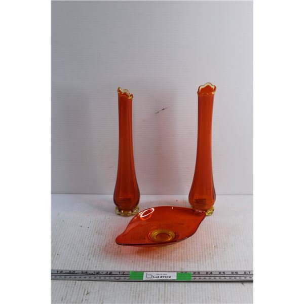 (2) Orange Glass Vases and Candy Dish