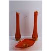 Image 2 : (2) Orange Glass Vases and Candy Dish