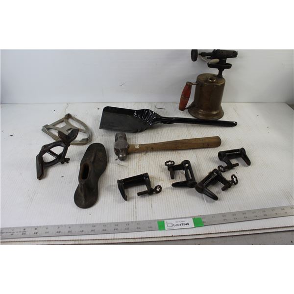 Hammer, Old Welding Torch, Shovel, (4) Clamps