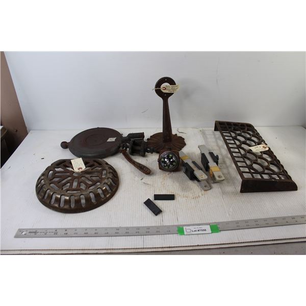 Furnace return Air Grate, Radio Speaker Stand, Cast Iron Waffle Maker, Misc.
