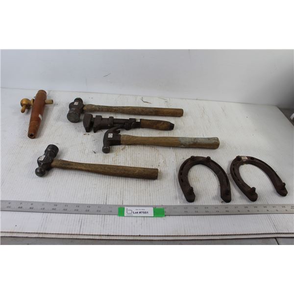(3) Hammers, (2) Horse Shoes, Pipe Wrench, Keg Tap