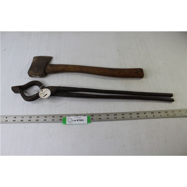 Vintage Blacksmith Tongs 22.5" Long, Vintage Axe 17" Long x 4.5" Head