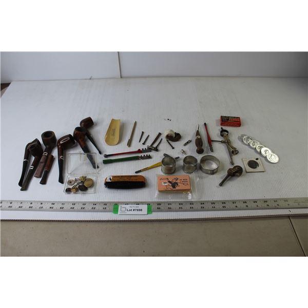(7) Vintage Pipes, Commemorative Aluminum Coins, Vintage Tools & Pieces, Monopoly Cards, Jack Brooks