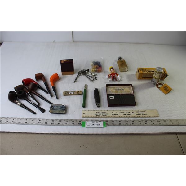 (7) Vintage Pipes, Razor Stone, Aerovox Capacitor, LC Duddridge Ruler, Misc.