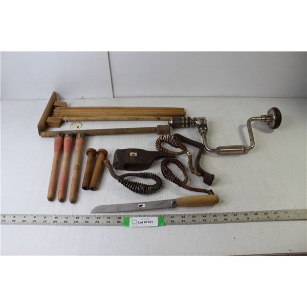 Assorted Vintage Items (Wood Towel Drying Rack, Manual Drill, Railway Tie Hammer Head, Bread Knife, 
