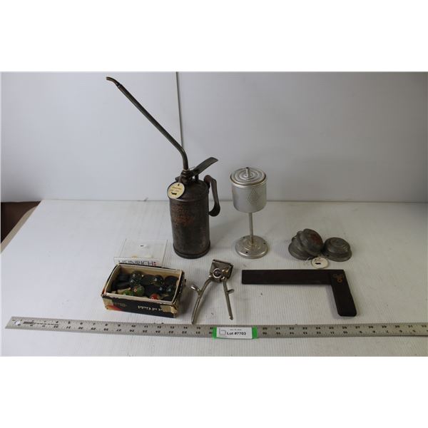 Assorted Vintage Items (Golden Rod Oil Can, John Oster Hair Trimmer, Game Pieces, Carpenter's Square