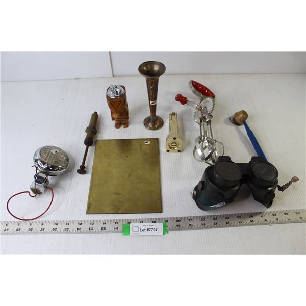 Assorted Vintage Items (Welder's Goggles, Manual Mixer, Metal Candle Holder, Tiki Lighter, Trailer L
