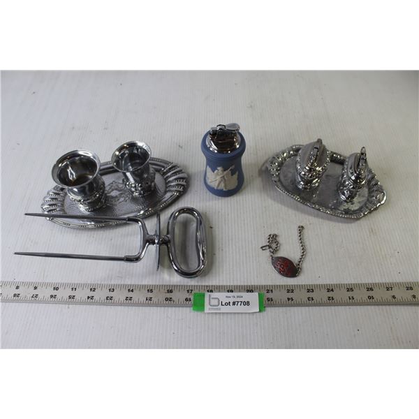 Vintage Silver Plated Candle Holders, Lighters, Serving Trays, Meat Carving Fork, Misc.