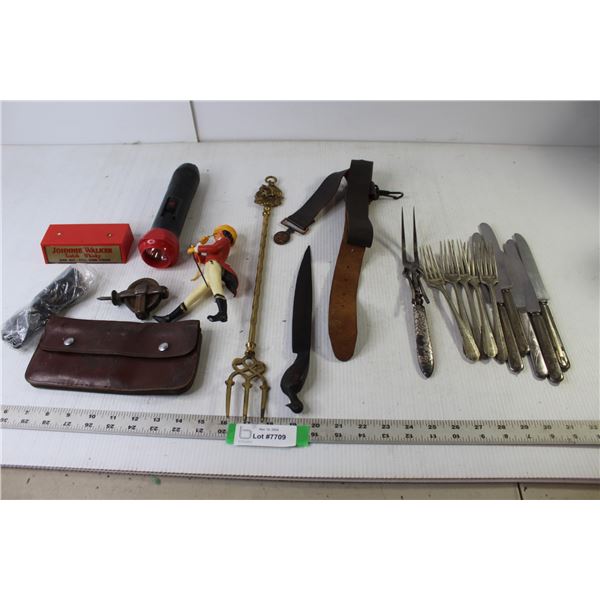 Assorted Vintage Items (Stainless Steel Cutlery, Carving Fork, Leather Belt  Be Prepared , Wood Lett