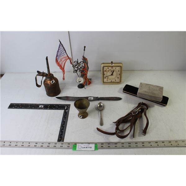 Assorted Vintage Items (Small Metal Flag Holder, Wind-Up Alarm Clock, Carving Knife, Carpenter's Squ