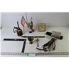 Image 1 : Assorted Vintage Items (Small Metal Flag Holder, Wind-Up Alarm Clock, Carving Knife, Carpenter's Squ