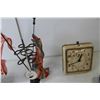 Image 2 : Assorted Vintage Items (Small Metal Flag Holder, Wind-Up Alarm Clock, Carving Knife, Carpenter's Squ