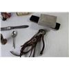 Image 4 : Assorted Vintage Items (Small Metal Flag Holder, Wind-Up Alarm Clock, Carving Knife, Carpenter's Squ