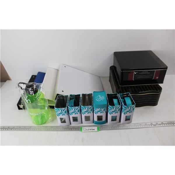 Lot Of (8) various Tins, (4) Binders, Misc.