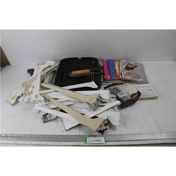 Various Metal Shelf Brackets, Frying Pan, Misc.