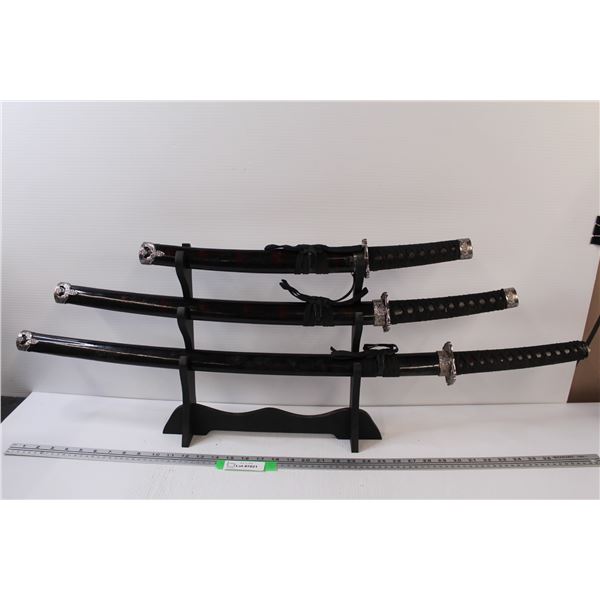 Decorative Samurai Swords & Display Rack - 40" & 31" & 21"