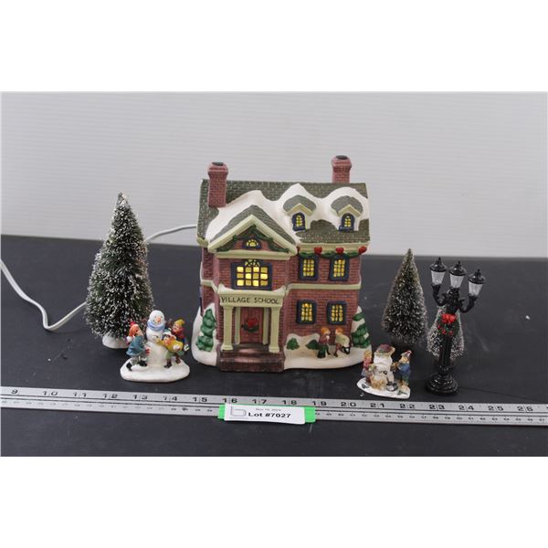 Light-up Christmas Village School Decor w/Figurines