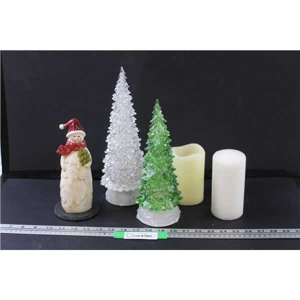 (2) Christmas Tree (Light-up- Battery), Snowman Figurine & (2) Candles