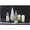 Image 1 : (2) Christmas Tree (Light-up- Battery), Snowman Figurine & (2) Candles