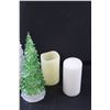 Image 3 : (2) Christmas Tree (Light-up- Battery), Snowman Figurine & (2) Candles