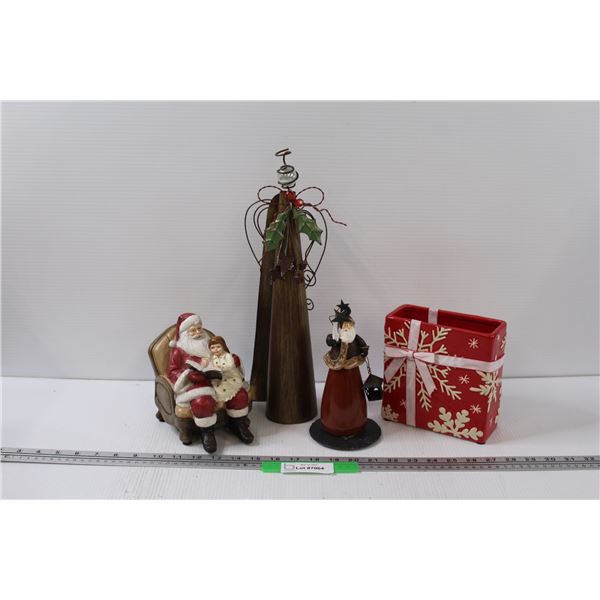 (2) Santa Figurines, Angel Figurine, Present Vase