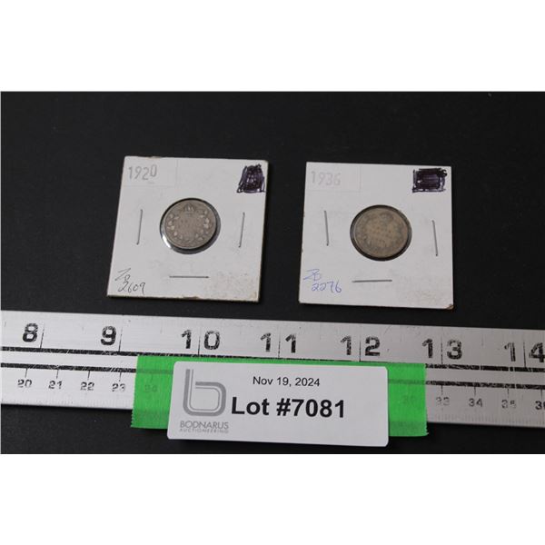 (2) Canadian Ten Cent Coins: 1920 & 1936