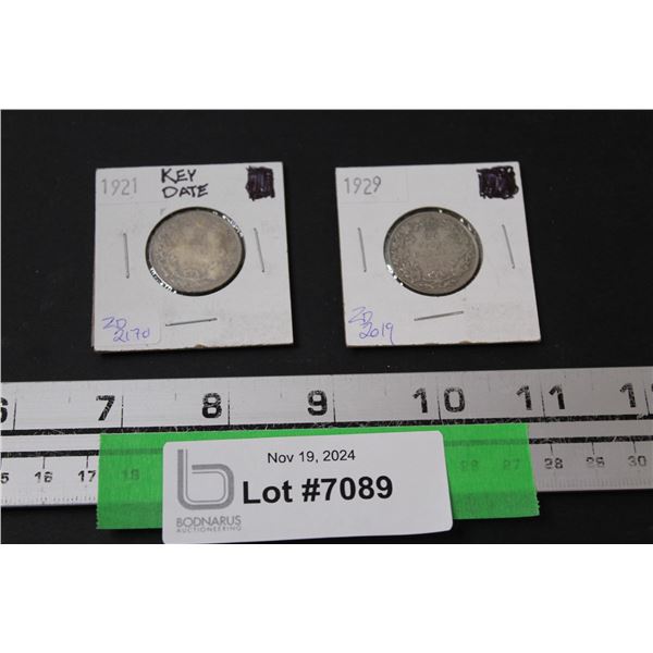 (2) Canadian Twenty Five Cent Coins: 1921 & 1929