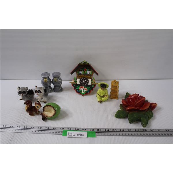Small Cuckoo Clock (Missing Pendulum) as is, (4) Salt & Pepper Shakers, Rose Chalkware