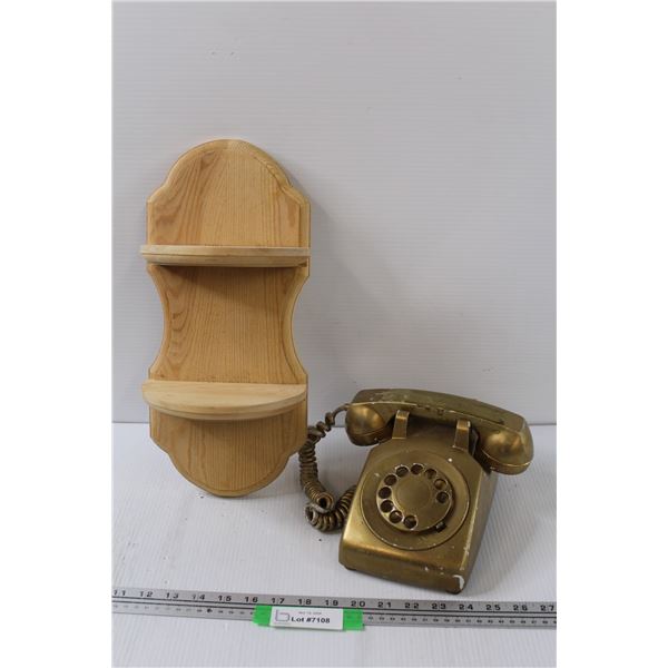 Vintage Telephone & Wooden Two Tiered Shelf - 15  x 7 