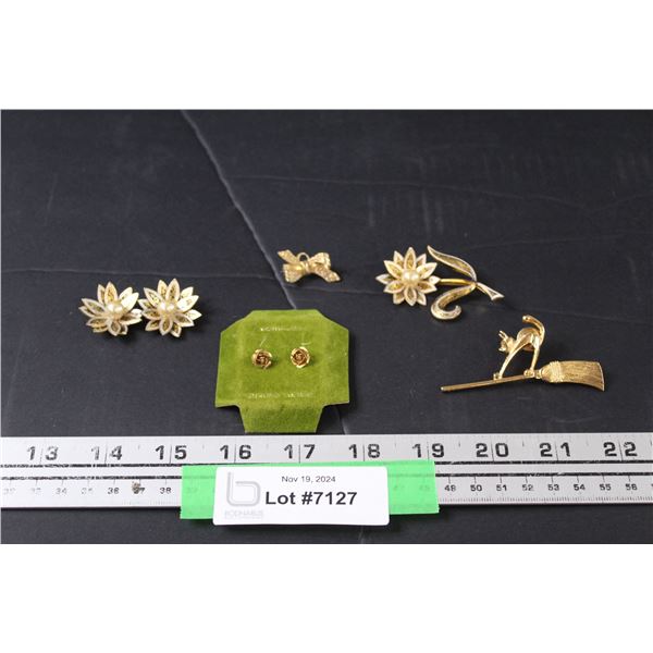 (3) Ladies Brooches, Clip-On Earrings, Rose Earrings