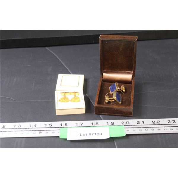 ^ Men's 10K Gold Igloo Cuff Links Set & Blue Cuff Links Set