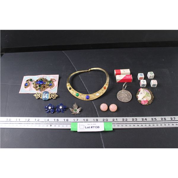 (2) Avon Lipstick Samples, Necklace, Brooch & Earring Set, Dice, Clip-On Earrings, Misc.
