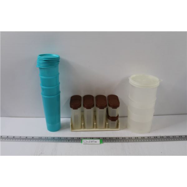 Vintage Tupperware Dishes: (4) Cups w/Lids, Spice Rack, (3) Clear Stacking (One Lid Missing) - as is